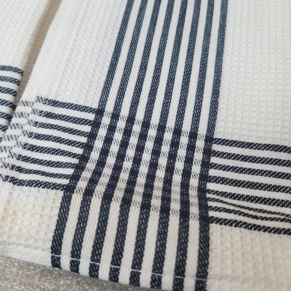 Crate & Barrel Waffle Dishtowel Black & White Stripes 100% Cotton Set of 2 - NEW